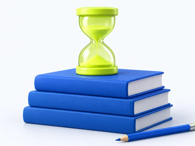 2 minute timer illustration: a green hourglass on a stack of blue books