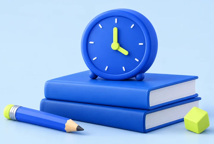Classroom timer illustration: a blue alarm clock on two blue books with a pencil